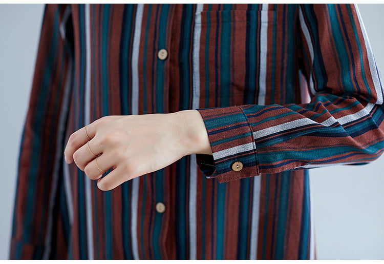 Casual Lapel Striped Midi Dress