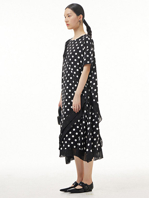 Urban Roomy Polka-Dot Stamped Pleated Split-Joint Midi Dress