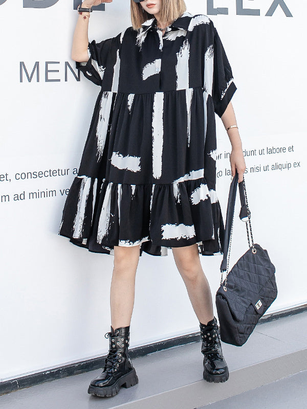 Roomy Short Sleeves Contrast Color Falbala Polo Midi Dresses