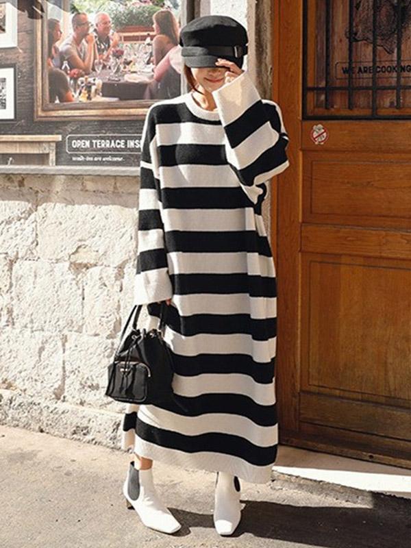 Knitting Loose Stripe Cotton Long Dress