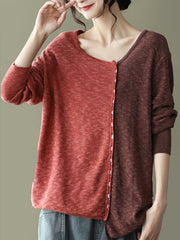 Retro And Loose Color Block Knitted Round Neck Top