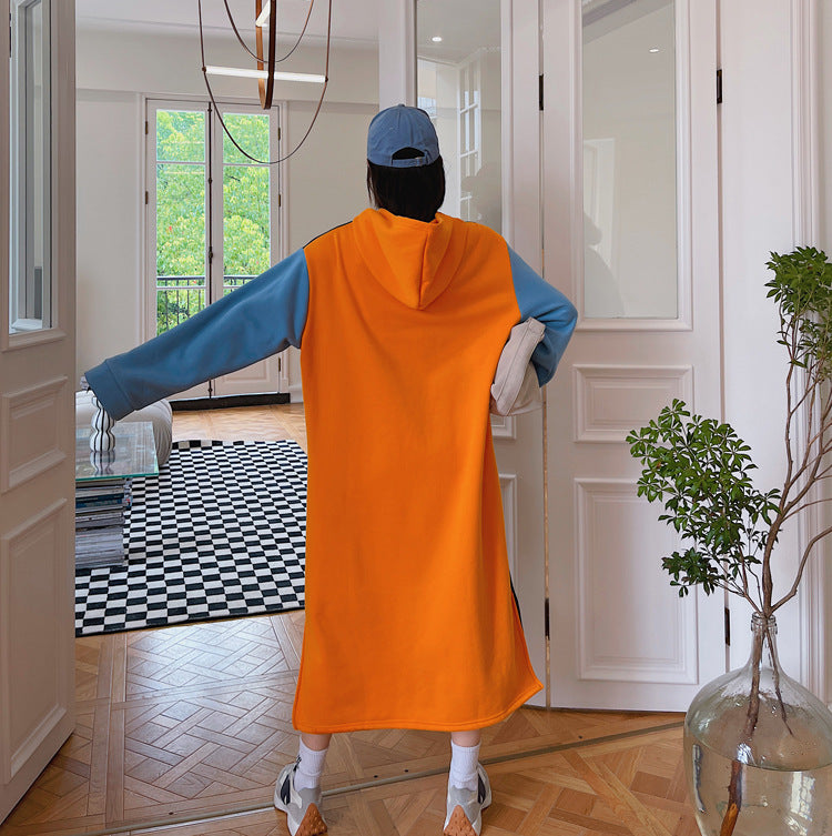 Loose Plus Size Contrast Color Hooded Midi Dress