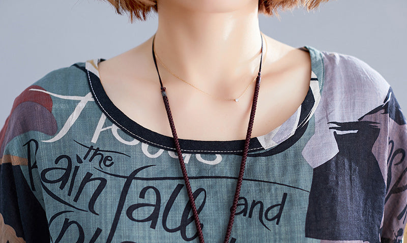Vintage Round Neck Short Sleeve Printed Loose T-Shirt