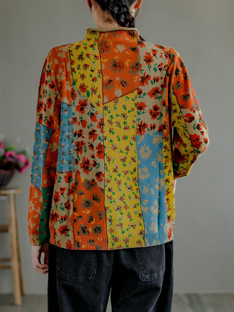 Splicing Print Vintage Pullover Sweater