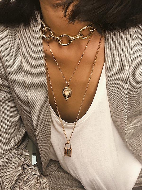 Vintage Chain Choker Layered Lock Pendant Necklaces