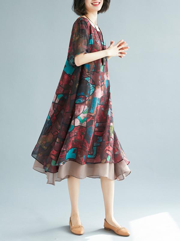 Loose Vintage Floral Chiffon Dress