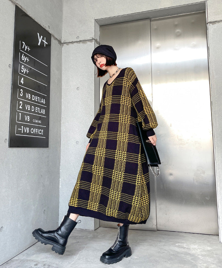Long Sleeve Loose Mid-Length Knitted Plaid Sweater Dress
