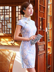Light Blue Lace Stand Collar Short Cheongsam