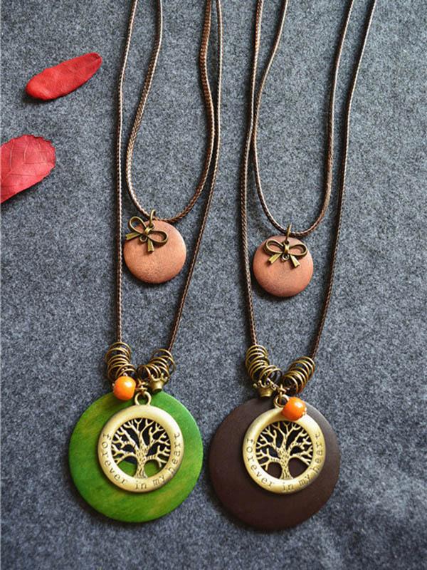 Wood Two-Pieces Tree&Bowknot Pendant Necklace