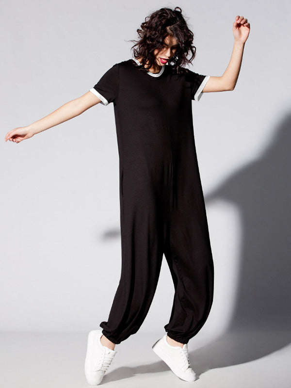 Solid Round-Neck Short Sleeves Casual Jumpsuits