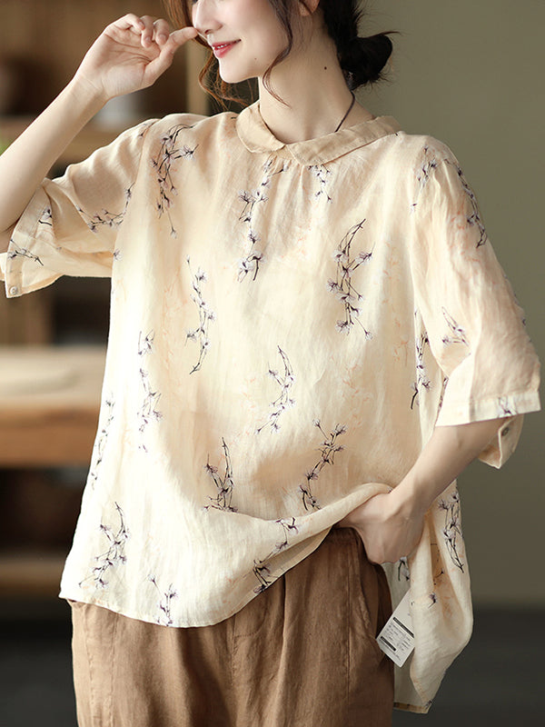 Summer Retro Printed Lapel Blouse