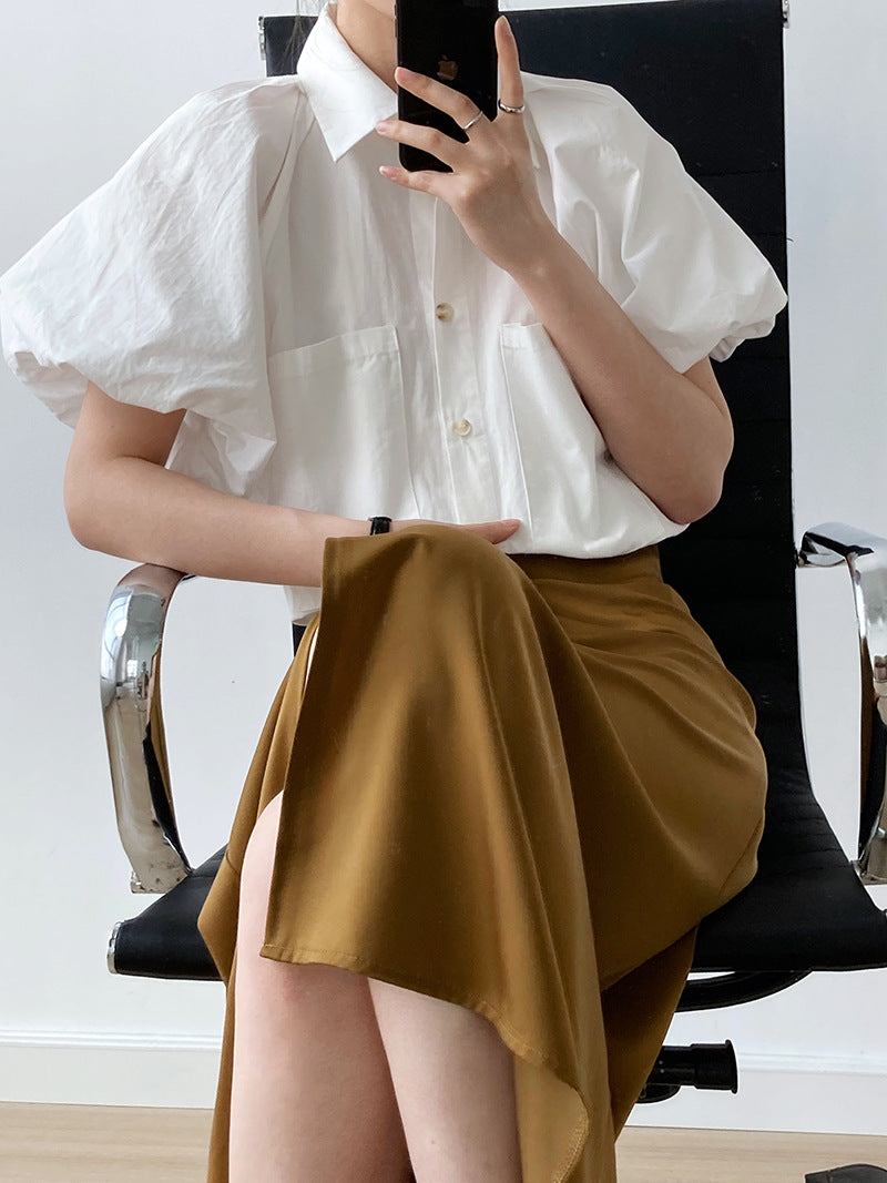 Retro Lapel Solid Color Loose Short Sleeve Shirt