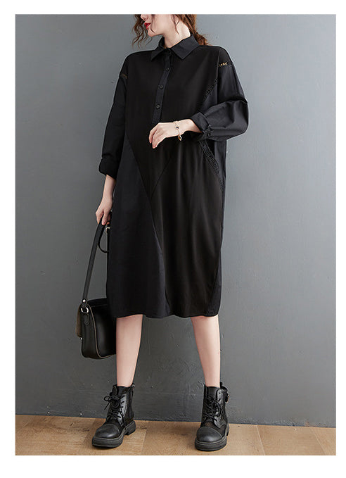 Solid Color Stitching Long-Sleeved Shirt Midi Dress