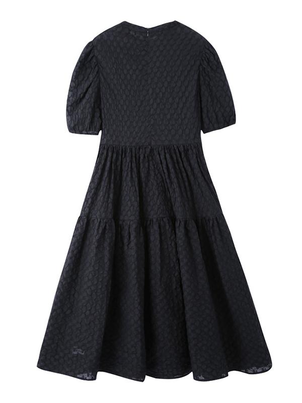 Vintage Puff Sleeve Textured Solid Midi Dress