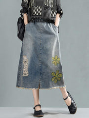 Printed Washing Style Denim Skirt