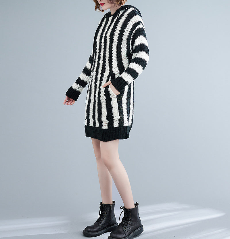 Loose Striped Hooded Knitted Mini Dress