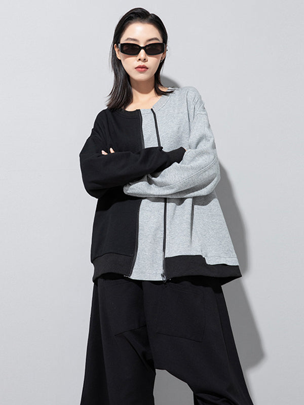 Casual Roomy Long Sleeves Contrast Color Split-Joint Zipper Round-Neck Sweatshirt Tops