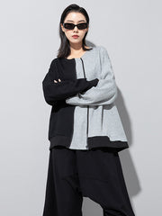 Casual Roomy Long Sleeves Contrast Color Split-Joint Zipper Round-Neck Sweatshirt Tops