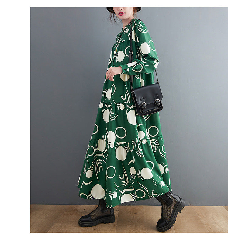 Vintage Print Long Sleeve Midi Dress