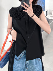 Sleeveless Floral Pure Color Stand Collar Blouses