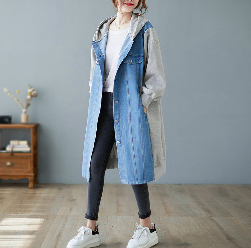 Large Size Hooded Denim Stitching Mid-Length Coat