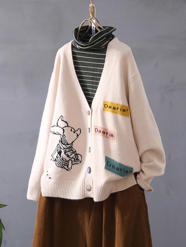 Loose Embroidered V-Neck Cardigan Outwear