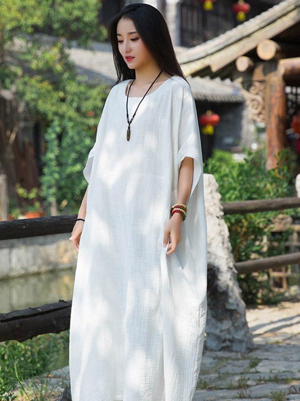 Loose Solid Batwing Sleeves Round-Neck Midi Dress