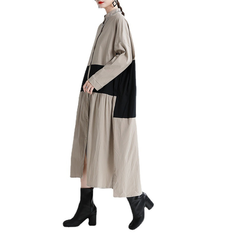 Stitching Contrast Color Loose Big Swing Long Sleeve Dress