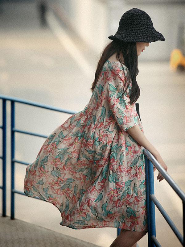 Vintage Floral Printed Pleated Short Dress