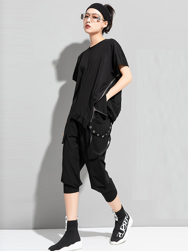 Original Asymmetric Zipper Short Sleeve T-Shirts Tops
