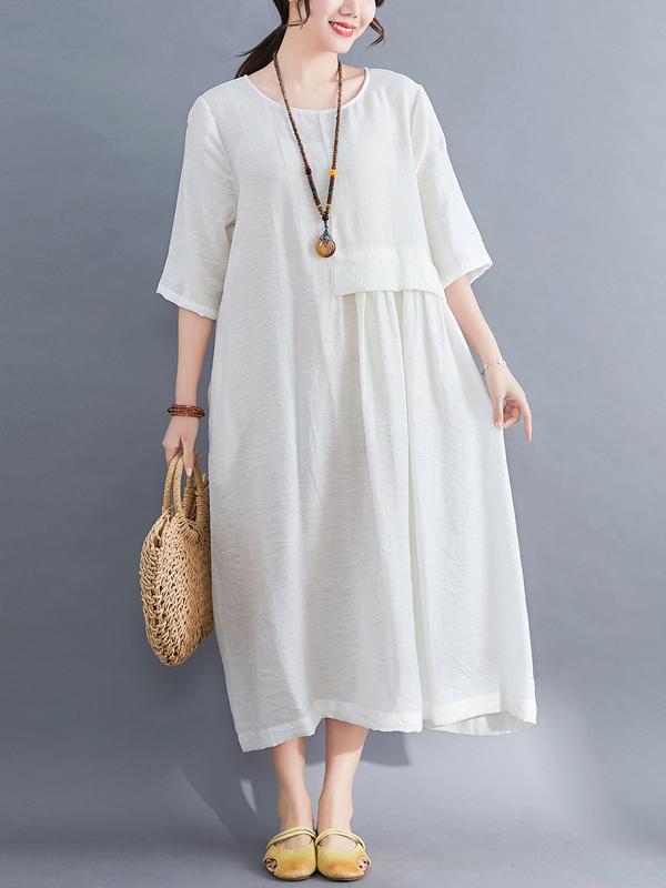 Loose Solid Color Round Neck Dress