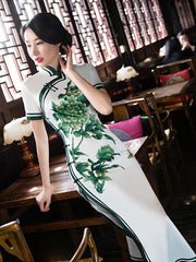 Green Flower Side Split Long Cheongsam