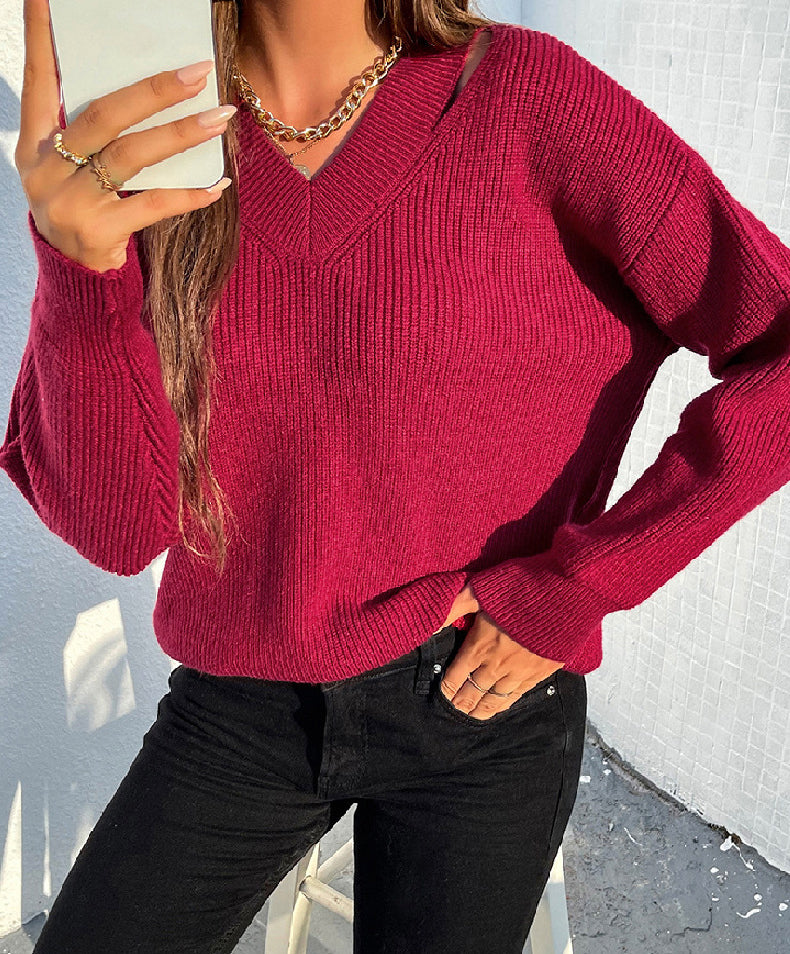 Classic Solid Color Knit V-Neck Sweater