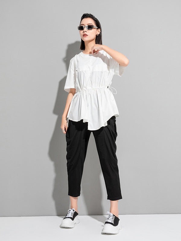 Loose Short Sleeves Waisted Solid T-Shirt