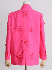 Long Sleeves Flower-Embellished Solid Color Lapel Blazer Outerwear