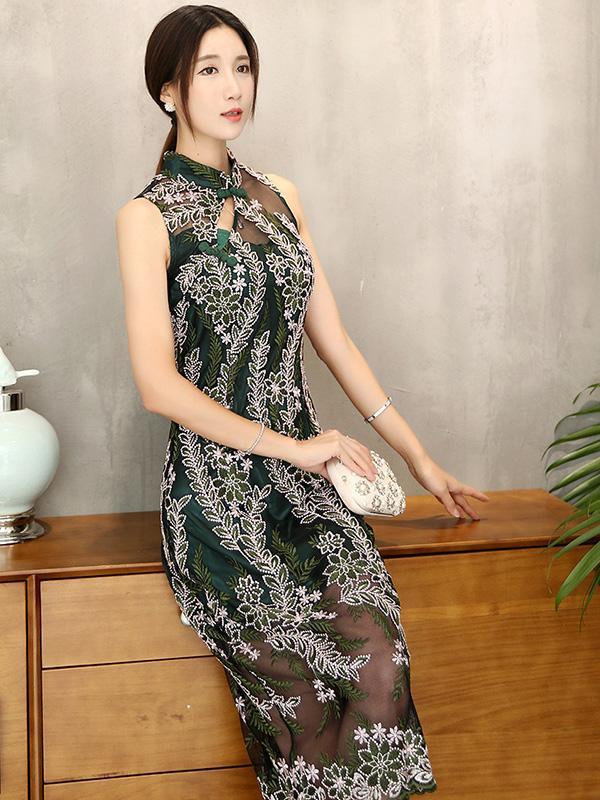 Lace Embroidered Long Cheongsam Midi Dress