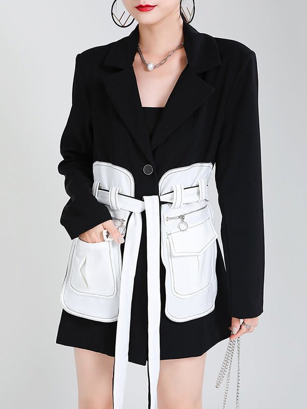 Black&White Split-Joint Lapel Belted Outwear