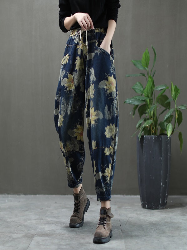 Vintage Floral Printed Denim Harem Pants