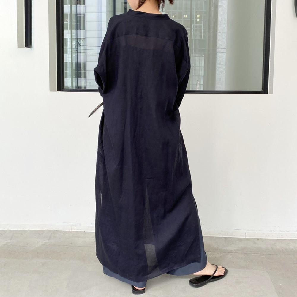 Loose Solid Stand Collar Long Sleeves Maxi Dress