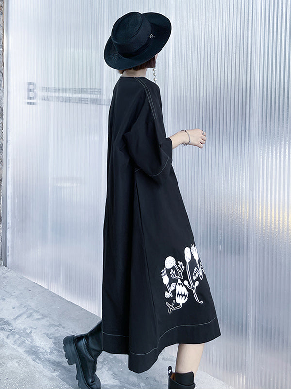 Irregular Printed Three-Quarter Sleeves Midi Dress