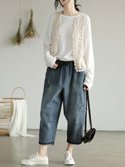 Loose Retro Patches Drawstring Ninth Harem Pants