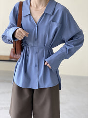 Women Lapel Solid Color Tie Shirt