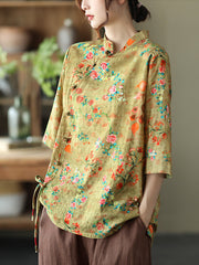 Retro Print Stand-Up Collar Slant-Button Shirt