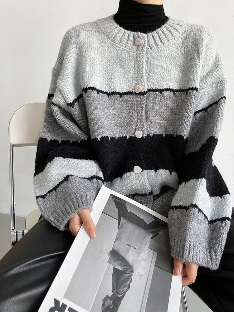 Color Block Round Neck Knitted Sweater Coat