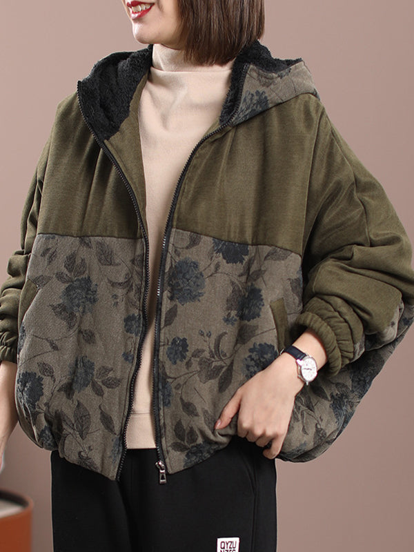 Loose Retro Print Patchwork Hooded Jacket