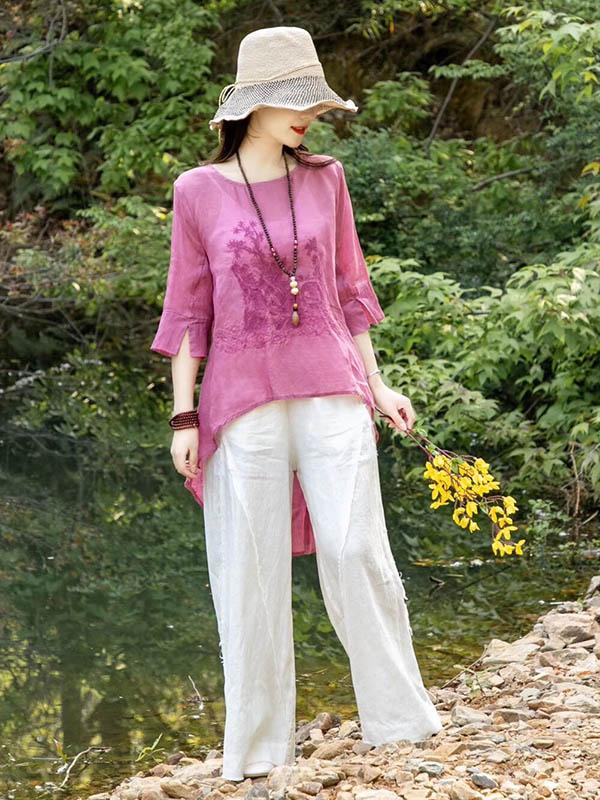 Embroidered Light Solid High-Low Shirt