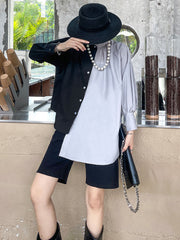 Irregular Casual Pure Color Pleated Buttoned Lapel Collar Long Sleeves Blouse