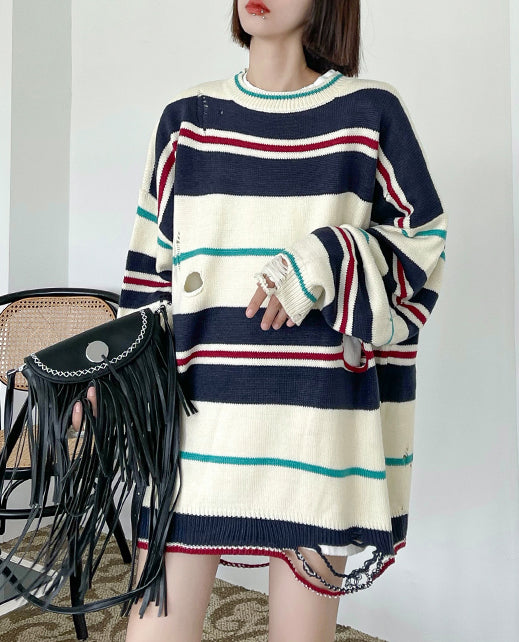 Ripped Casual Striped Knitted Sweater