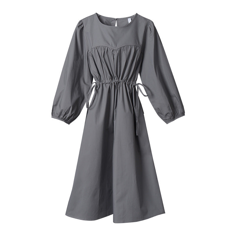 Women Drawstring Round Neck Long Sleeve Dress