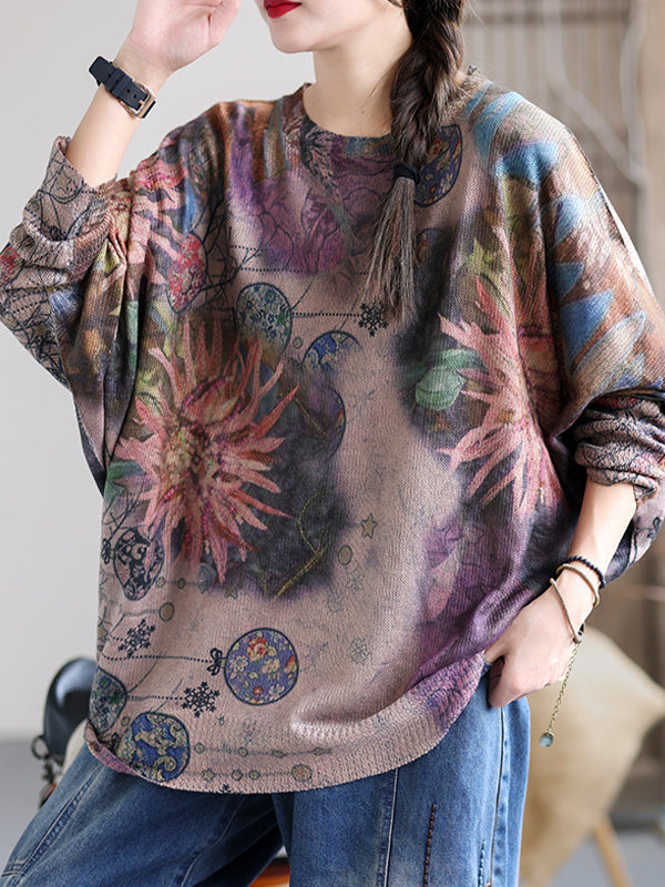 Retro Round-Neck Printed Long-Sleeve T-Shirt